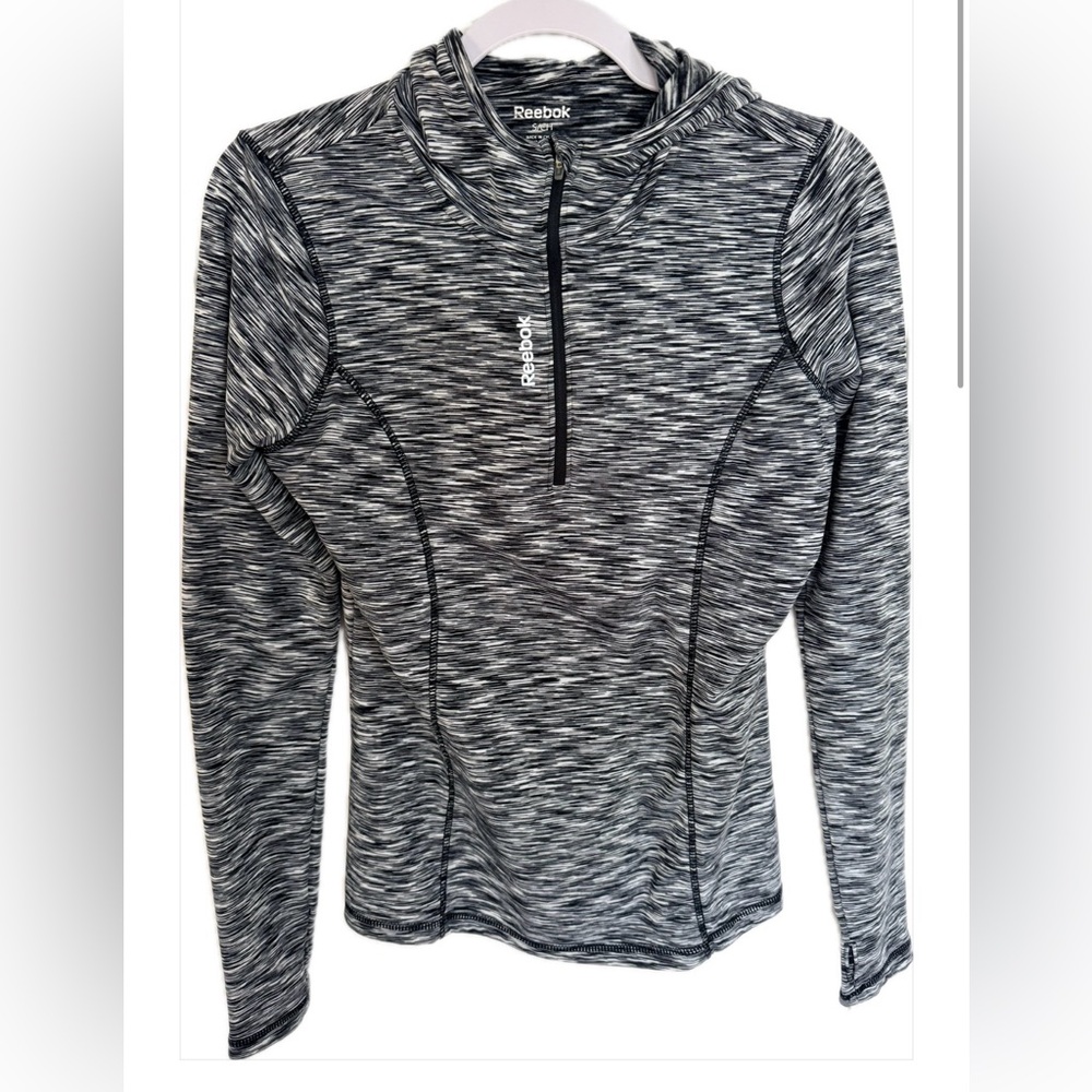 Reebok Women's S Gray Black Space Dye 1/4 Zip Athletic Hoodie Thumbholes Size S